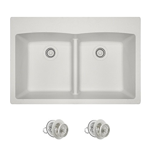 Lowest Price MR Direct T812-W-CST White Topmount Granite Composite 33 in. Double Bowl Kitchen Sink Matching Strainers, 2 Colored