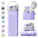 Sinyon Collapsible Water Bottles, 20oz Silicone Reusable Water Bottle with Straw and Strap, Leakproof Foldable Sports Water Bottle for Travel Camping Running Hiking Gym, BPA Free