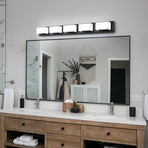 Image of Lingkai LED Bathroom Vanity Light Fixtures 38-Inch 35W Matte Black Modern Bathroom Light Fixtures Over Mirror with Rotatable Vanity Lights Heads Cool White 6000K Bath Wall Lighting Fixtures