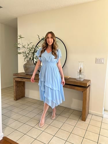 Image of GRACE KARIN Women's Casual Summer V Neck Flutter Ruffle Short Sleeve 2025 Empire High Waist Flowy Midi Dresses