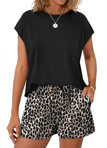 Image of WIHOLL Two Piece Sets for Women Summer Crew Neck Lounge Short Sets Cap Sleeve Drawstring Sweatsuit with Pocket