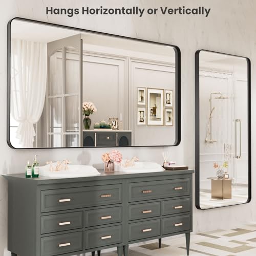 LOAAO Black Metal Framed Bathroom Mirror for Wall, Large 55X30 Inch Rounded Rectangle Mirror, Matte Black Bathroom Vanity Mirror Farmhouse, Anti-Rust, Tempered Glass, Hangs Horizontally or Vertically
