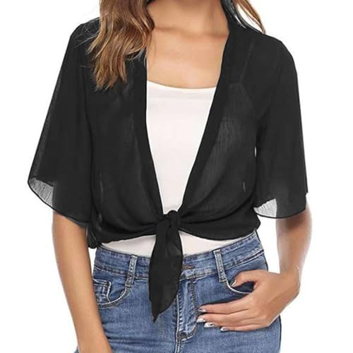 Image of Women's Chiffon Cropped Bolero Sheer Shrugs for Dress Short Sleeve Tie Front Cardigan