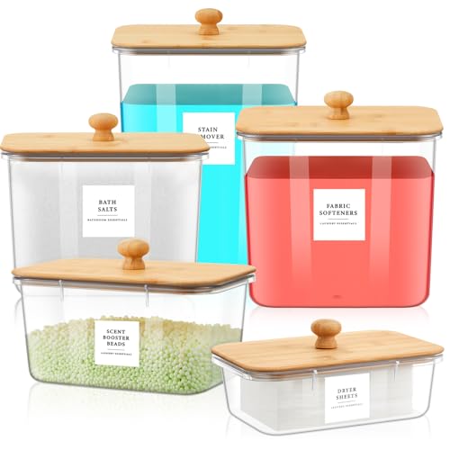 Tioncy 5 Pack Laundry Room Organization and Storage Laundry Pods Container and Dryer Sheet Holder Clothes Detergent Container Jars with Lids Labels for Detergent Scent Booster Beads(Square)