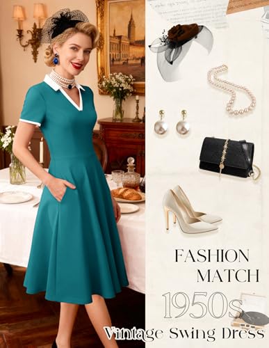 Image of Dressystar Women's 1950s Vintage Swing Dress Short Sleeve V Neck A Line Retro Rockabilly Cocktail Party Dresses With Pockets