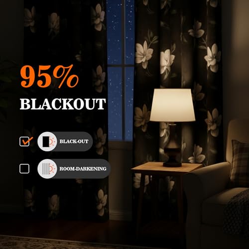 Image of MYSKY HOME Floor to Ceiling Floral Blackout Curtains 108 Inches Long 2 Panels Set Black Out Thermal Insulated Energy Efficient Spring Flower Printed Grommet Drapes, Pack-2, 52 inchW Each Panel, Deep Grey