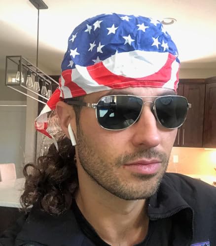 Image of Mullet Wig with American Flag Bandana, 80s Retro Curly Wig for Men & Women, Perfect for 4th of July, Halloween, 80s Themed Parties Cosplay (Light Brown)