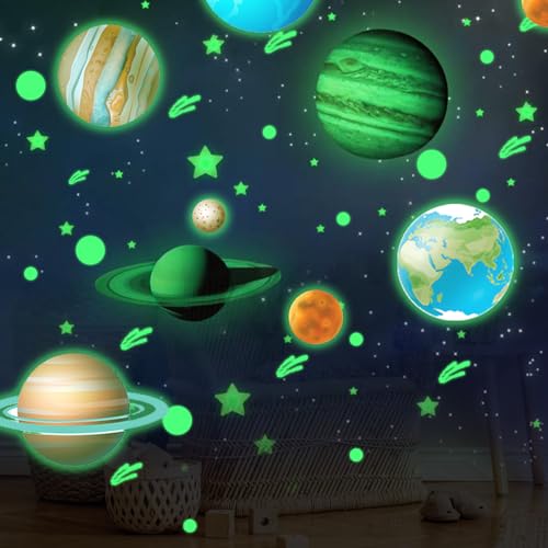 LANAFAY Etoiles Phosphorescentes Plafond, 9 Planètes+435 Étoiles Points Autocollants Lumineux, Stickers Muraux Enfant Fluorescents, Etoile Fluorescente pour...