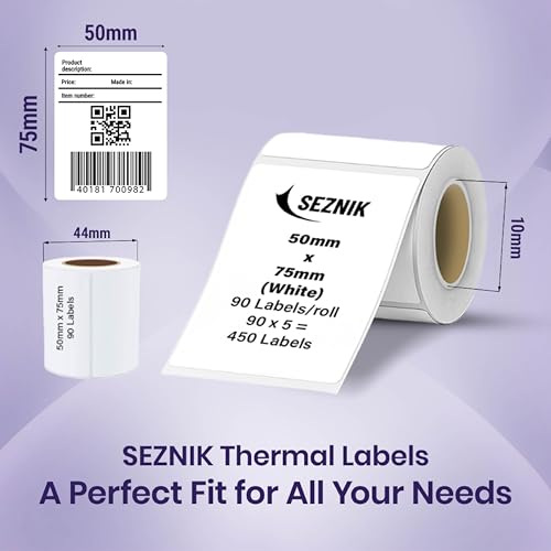Image of Seznik Thermal Sticky Labels - 50x75 mm - White - Pack of 5 Rolls (50mmx75mm - 450 Lables)