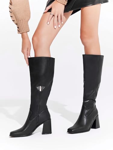 Coutgo Women's Knee High Boots Wide Calf Square Toe Chunky Heeled Pull-on Boot3