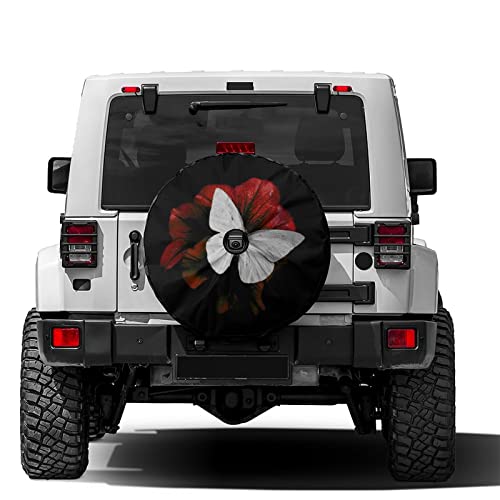 Image of Delerain Spare Tire Cover with Backup Camera Hole Butterfly and Red Blossom Wheel Covers Waterproof Dust-Proof UV Sun Universal Fit for RV Trailer RV SUV Truck (17 Inch for Diameter 31 inch-33 inch)