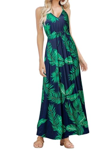 Image of HUSKARY Womens Summer Sleeveless V Neck Spaghetti Strap Pockets Beach Boho Vacation Casual Spring Maxi Dress