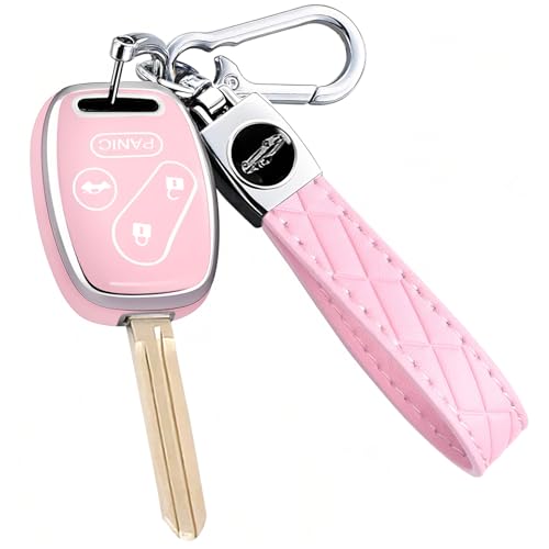 Key Fob Cover for Honda with Leather Keychain Premium TPU Key Case Compatible with Honda 2003-2015 Accord Fit Civic EX CR-V Pilot Ridgeline Element Remote Smart Car Key Protector4 Buttons Pink