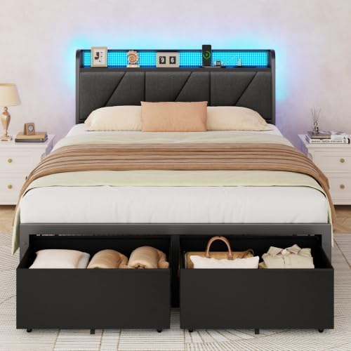 Image of Furnulem Full Size Bed Frame with 2 Storage Drawers & Upholstered Headboard | Metal Platform Bed with Storage Shelf, Charging Station, LED Lights and Heavy-Duty slats, No Spring Box Needed, Noise-Free