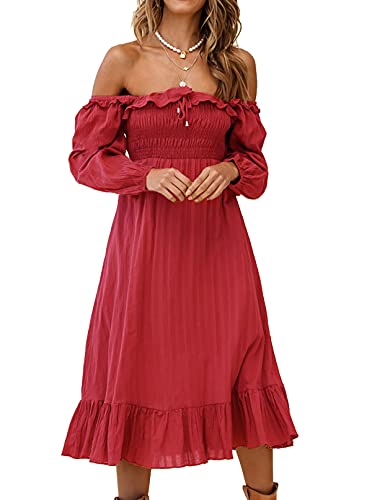 R.Vivimos Women's Linen Fall Long Sleeves Stripes Ruffled Boho Casual A-Line Flowy Midi Dresses