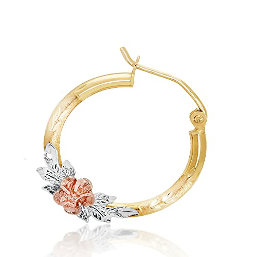 Hoberta Tricolor Rose Hoop Earrings - Real Yellow14k Gold Earring for Women & Girls - Solid Jewelry for Hypoallergenic & sensitive ears- Shiny & Round Original 14 Karat for gifts
