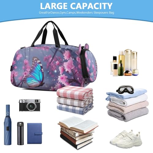 Butterfly Flower Duffle Bag for Girl, Sports Duffle Gym Bags with Shoe Compartment, Personalized Overnight Bag Travel Weekender for Kids4