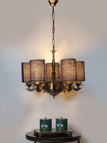 Image of Devansh 05 Lights Blue Jute Round Shade with Antique Golden Chandelier
