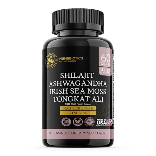 PRIMEBIOTICS All-in-1 Shilajit Supplement with Ashwagandha, Irish Sea Moss, Tongkat Ali, Black Pepper Extract, Boron, Magnesium and Zinc for Men & Women (60 Capsules)
