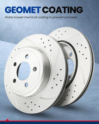 Image of KAX Rear Brake Kit, Drilled and Slotted Brake Rotors, Ceramic Brake Pads | Fits Chevrolet Equinox 2010-2017, GMC Terrain 2010-2017, Automotive Replacement Brake Kit