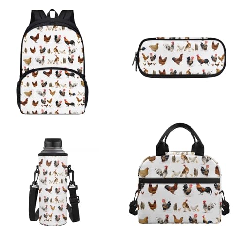 4 pezzi zaino pranzo borsa portamatite porta bottiglia dacqua per bambini adulti isolato Pollo Onesized Zaino per unisex leggero