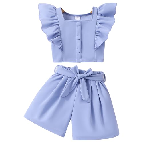 Image of Toddler Girls Two Piece Square Neck with Button Ruffled Sleeveless Top and Bow Tie Waistband Short Sets