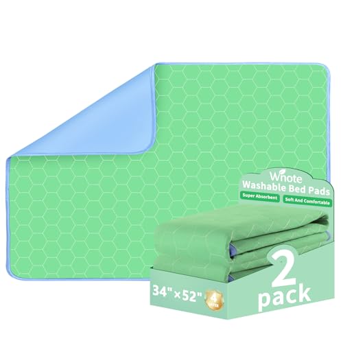 Wnote Washable Bed Pads (34'x52', 2 Pack) - Ultra Absorbent Reusable Underpads for Incontinence, Bedwetting, Potty Training, Waterproof Mattress Protector Pee Pads for Adults & Kids - Green