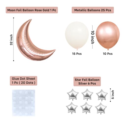 Image of Party Propz Rose Gold Balloon Decoration Kit - 33Pcs, Rose Gold Balloon, Silver Moon Balloon, White Balloons, Metallic Balloons for Decoration, Moon Foil Balloon, Glue Dot Sheet Included