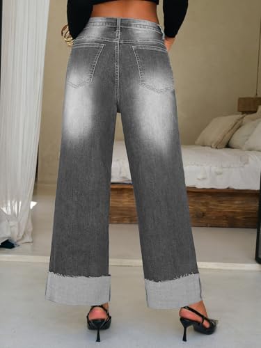 EXLURA Womens Wide Leg Jeans Stretchy High Waist Cuffed Baggy Jeans Boyfriends Straight Leg Denim Pants Trendy Fall 20254