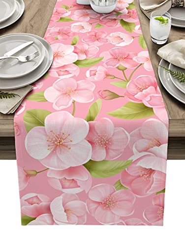 Cotton Linen Small Short Table Runner 36 Inches, Pink Peach Blossom Nightstand Bed Runner For Bridal Shower Home Dining Holiday Party Wedding Table Decor Spring Flowers Illustraction #TOP7