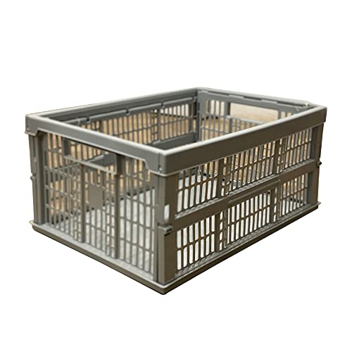 Folding Collapsible Plastic Storage Crates Boxes Stackable Basket Grey (Grey, Single)