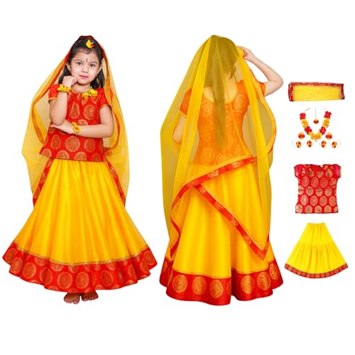 Image of Sarvda Shree Krishna Dress for Baby Boy & Radha Dress for Girls | Janamashtami Dress | Fancy Dress Costume with Accessories Dhoti, Dupatta, Mukut Flute Complete set, Ethnic wear