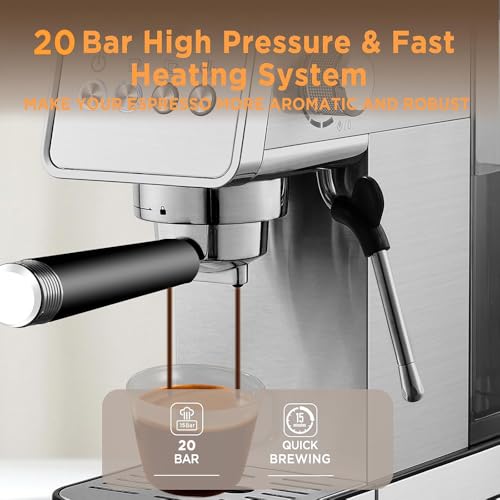 Ollygrin Espresso Machine,20 Bar Semi-Automatic Espresso Maker with Milk Frother,Compact Stainless Steel Coffee Machine with 40oz Removable Water Tank for Cappuccino,Latte, Americano,Sliver for Home