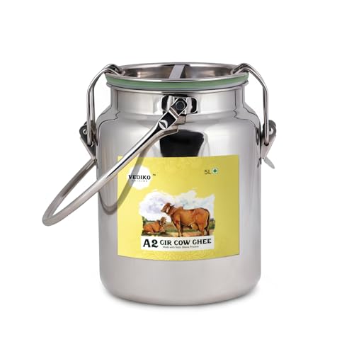Image of Vediko Origins A2 Gir Cow Ghee 5L | Curd-Churned & Firewood-Cooked | Grass-Fed Desi Gir Cows | Pure, Natural, Danedar, Ayurvedic, Lactose-Free & Gluten-Free Ghee | Leakproof & Reusable Stainless Steel Dolchi (5L)