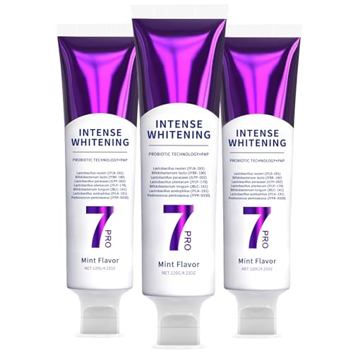 3Pack 7 PRO Toothpaste Whitening Intense Teeth Whitening Toothpaste for Adults | Fluoride-Free | Sensitivity Safe | Purple Beads | Fresh Breath | Help Remove Tea & Coffee Stains | Mint Flavor