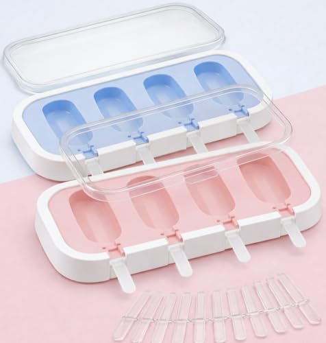 Image of (Set of 2) (Pink+Blue) Stackable Mini Silicone Ice Cream Maker, Ice Cream Mould Set Kulfi Moulds Set Popsicle Mould Silicone, Kulfi Maker for Freezer