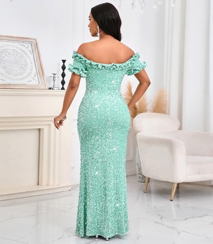 Image of dasmzper Women Sexy Sequin Off Shoulder Ruffle Short Sleeve Bodycon Mermaid Party Formal Evening Maxi Dress