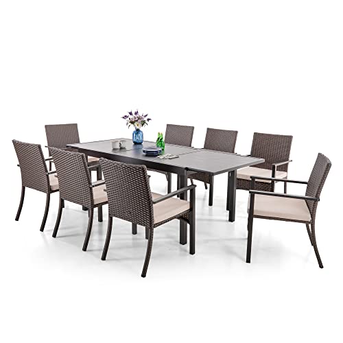 MFSTUDIO Outdoor Patio Dining Set,9 PCS Patio Furniture Set with Extendable Metal Table and 8 Rattan Wicker Chairs,Beige Cushion MFSTUDIO Outdoor Patio Dining Set,9 PCS Patio Furniture Set with Extendable Metal Table and 8 Rattan Wicker Chairs,Beige Cushion