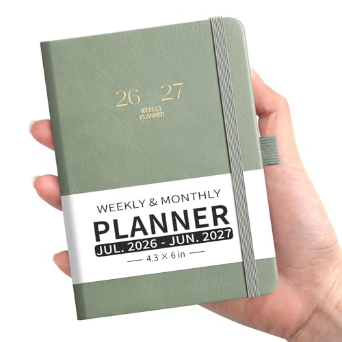 EMSHOI Pocket Calendar 2026-2027 Small Mini Academic Planner Weekly and Monthly July 2026-June 2027 School Student Teacher Agenda Leather Hardcover 100GSM Paper Tabs A6 4.3x6 Light Green