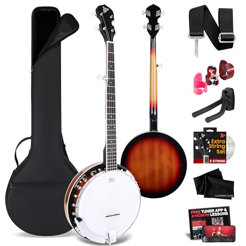 Pyle Banjo Kit with Remo Head and Sapele Resonator, 39' Full Size Traditional Open or Closed Back 5 String Instrument with 24 Brackets, Geared 5th Tuner, Premium Accessory Kit (Red Burst)