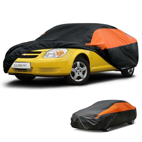 Image of GUNHYI Waterproof Sedan Full Car Cover Custom Fit Chevrolet Chevy Cobalt | All‑weather Outdoor sun /rain /dust /snow /wind /UV protection, breathable lightweight fabric, black‑orange design,storage bag