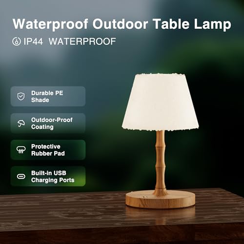 Image of Dawnwake Desk Lamp Cordless Table Shower Lamp Waterproof,Rechargeable Battery Operated Lamps for Bedroom Night Stands,3 Colors Touch Dimmable Small Outdoor Lamps,4000mAh LED Wood Grain