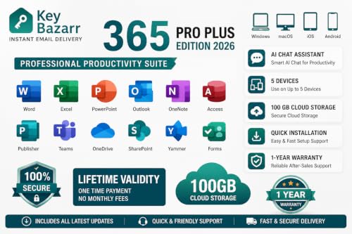 Image of 365 Pro Plus Edition 2026 with AI Chat, 5 Devices Lifetime Validity, Win /MacOS /iOS /Android, 100 GB Cloud Storage, Quick Installation Support. 1-Year Warranty.