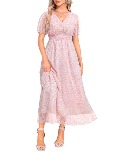 Image of Holipick Women Summer Casual Dress Wedding Guest V Neck Short Sleeves Smocked Waist Chiffon Swing Knee Length Midi Dresses