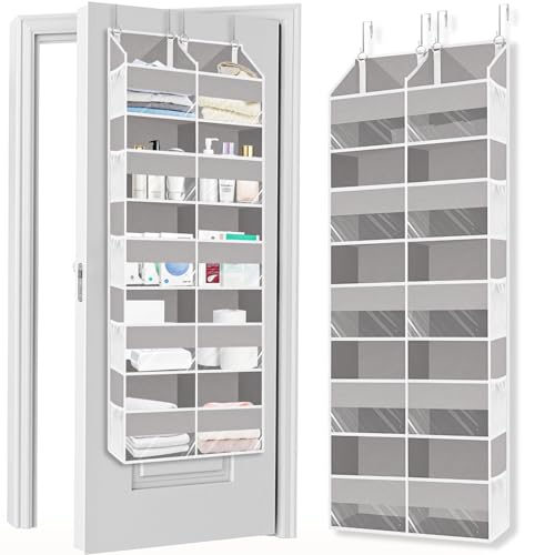 Image of Over The Door Organizer, 5-Tier Extra Large Behind Door Storage with 10 Big Front & 10 Mesh Pockets, 80lb Capacity, Hanging Storage Organizer with Clear Window Kids Toys, Shoes, Diapers, Light Grey