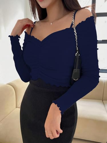 Image of Sugathari Women's Purple Solid Colour Open Cold Off Shoulder Long Sleeve Lettuce Hem Casual Autumn Trim Tight- Slim Fitting Ruched Front Ladies' Camisole Top, Tee, T-Shirt (T-Shirt 184)