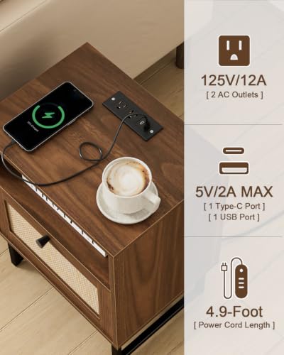 Image of Rattan Nightstand with Charging Station, Boho Night Stand Farmhouse Wood Bedside Table with Storage and Open Shelf, End Side Accent Table for Bedroom,Living Room,Walnut