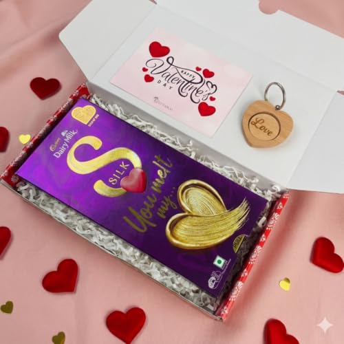 Image of Giftana Valentine's Day Gift Hamper for Him, Dairy Milk Silk Chocolate with Heart Shape Wooden Keychain and Valentines Day Card Gift Set for Girlfriend, Boyfriend, Wife, Husband and Loved One