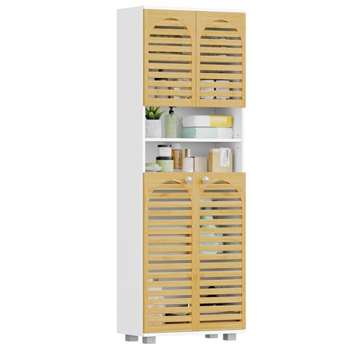 Hzuaneri Meuble Salle de Bain, Armoire de Rangement en Bambou avec Étagère Réglable, Meuble de Rangement avec 4 Portes en Bambou, pour Salon, Salle de Bain,...