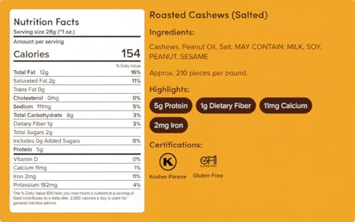 Image of Nuts com - Roasted Cashews (Salted Single Serve) - Creamy & Savory Flavor, Healthy Snack for Adults & Kids, Good Source of Protein, Fiber, Calcium, Iron & Healthy Fats - Vegan & Gluten-Free - 24 Pack
